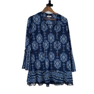 Style Co Boho Blue Floral Flowy Tunic Peasant Blouse L Lace Tassel Bell Sleeve